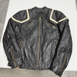 River Road Leather Motorcycle Jacket Mens S Black Good Cafe Racer Racing Stripes